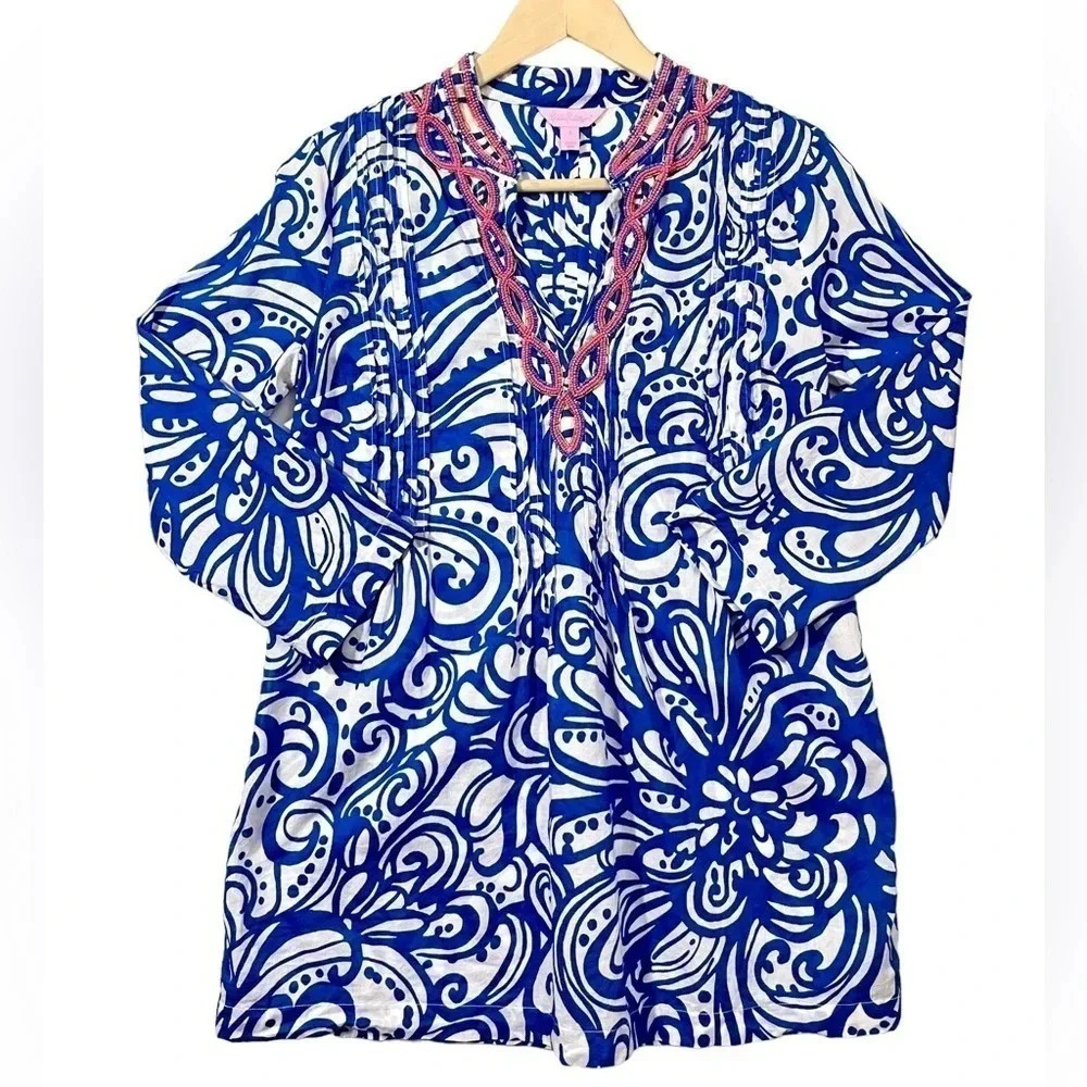 Lilly Pulitzer Sarasota Floral Beaded Tunic Top Small - Picture 3 of 6